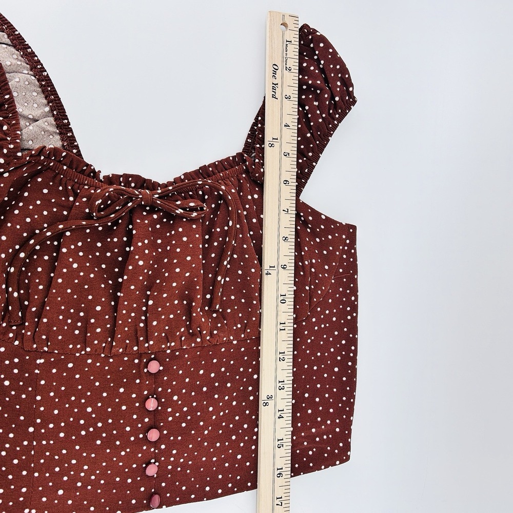 Coquette Milkmaid Crop Top M Brown Polka Dot‎ Corset Cottagecore Puff Sleeve - Picture 11 of 13